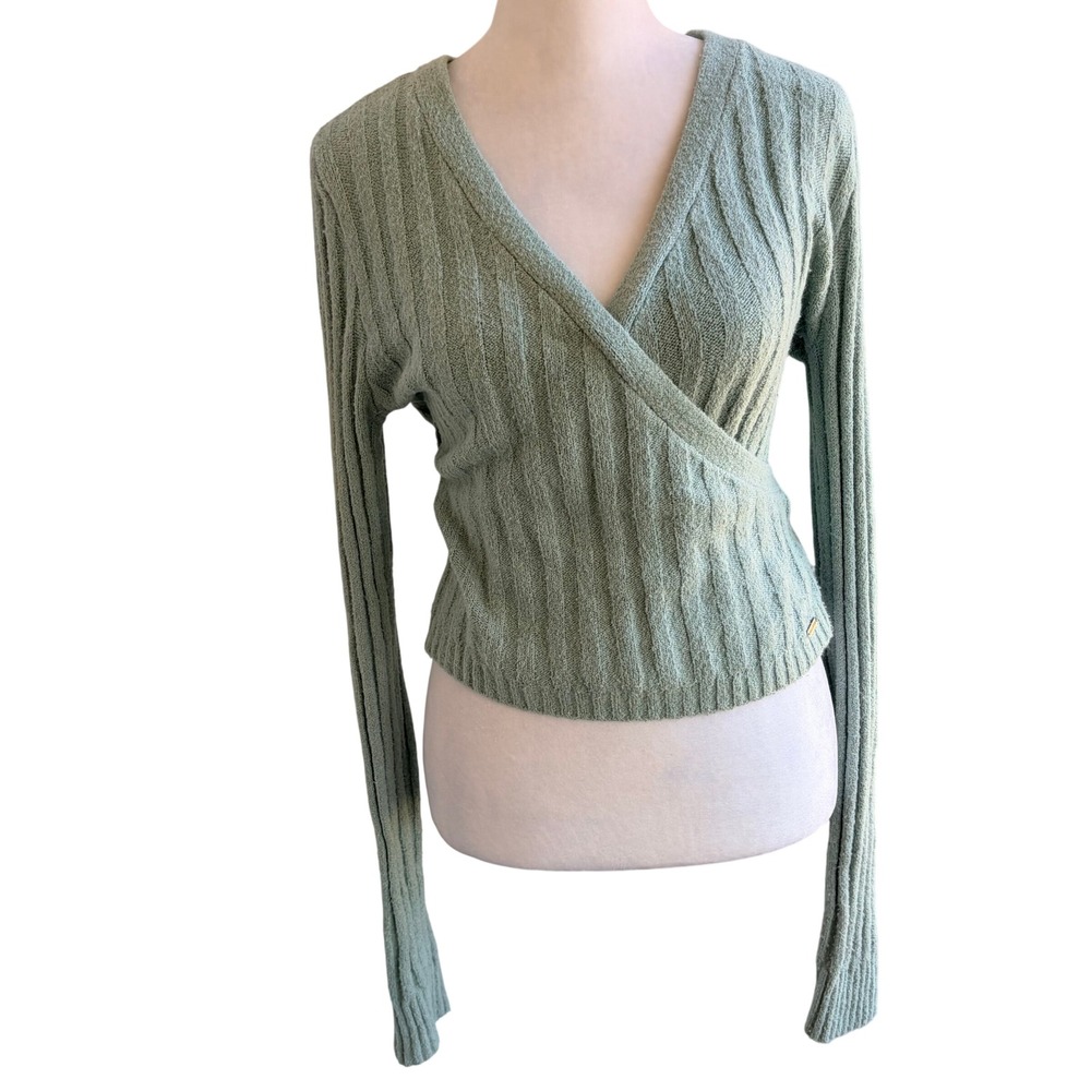 Y2K Hollister Preppy Wrap Sweater Small Sage Green Ribbed Knit V-Neck‎ Top
